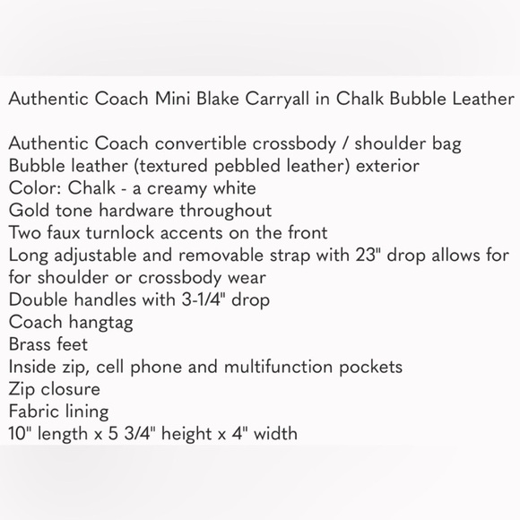 EUC Coach Leather Mini Blake Carryall in Chalk (Cream/White) - Picture 10 of 10